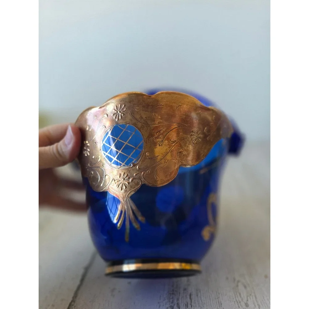 Vintage blue gold basket AS‎ IS bohemian cobalt decor glass